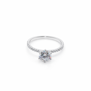 Classic Round Cut Diamond Solitaire Ring for Women – White Gold Pave Band Engagement Ring