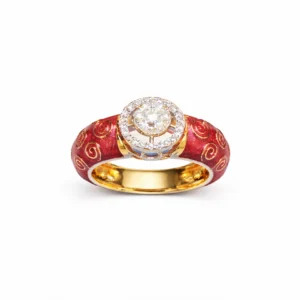 Luxury Red Enamel Diamond Ring for Women – 18K Gold Designer Halo Ring